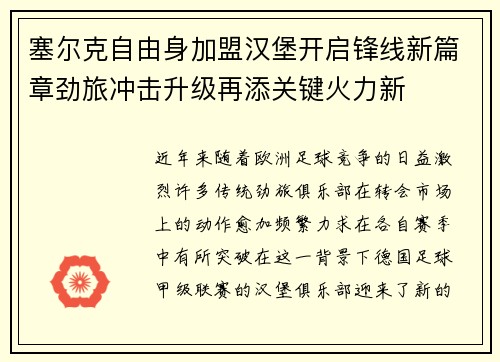 塞尔克自由身加盟汉堡开启锋线新篇章劲旅冲击升级再添关键火力新